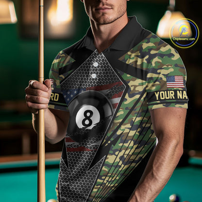 Military Green Camo 8 Ball Pool Billiard Shirt For Men Custom Patriotic US Flag Billiard Jerseys TDM4222