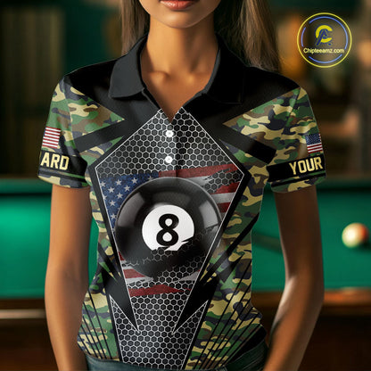 Military Green Camo 8 Ball Pool Billiard Shirt For Women Custom Patriotic US Flag Billiard Jerseys TDM4222