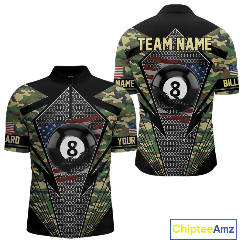Military Green Camo 8 Ball Pool Billiard Shirt For Men Custom Patriotic US Flag Billiard Jerseys TDM4222
