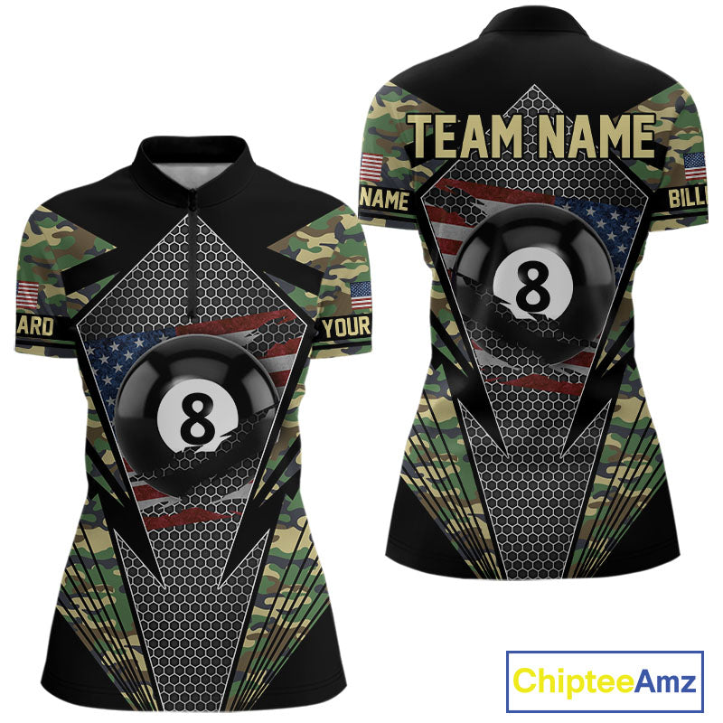 Military Green Camo 8 Ball Pool Billiard Shirt For Women Custom Patriotic US Flag Billiard Jerseys TDM4222