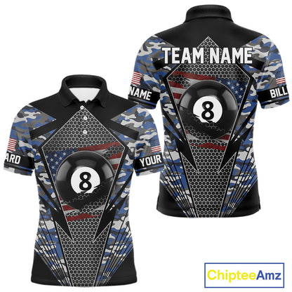 Personalized Blue Camo 8 Ball Pool Billiard Shirt For Men, Patriotic US Flag Billiard Team Jersey TDM4223