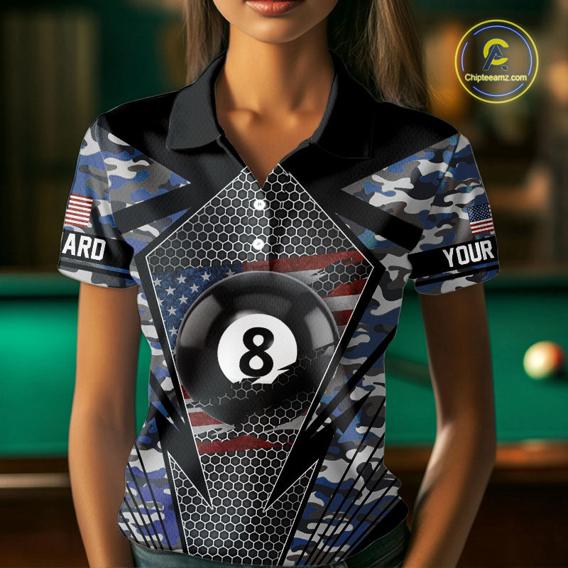 Personalized Blue Camo 8 Ball Pool Billiard Shirt For Women, Patriotic US Flag Billiard Team Jersey TDM4223