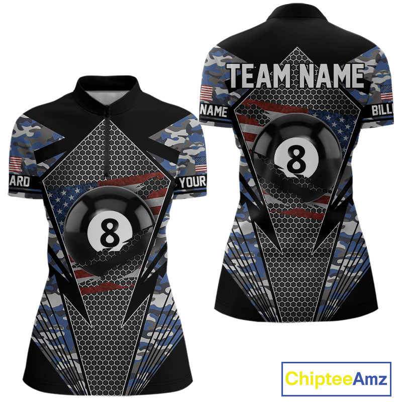 Personalized Blue Camo 8 Ball Pool Billiard Shirt For Women, Patriotic US Flag Billiard Team Jersey TDM4223