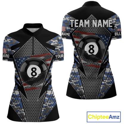Personalized Blue Camo 8 Ball Pool Billiard Shirt For Women, Patriotic US Flag Billiard Team Jersey TDM4223