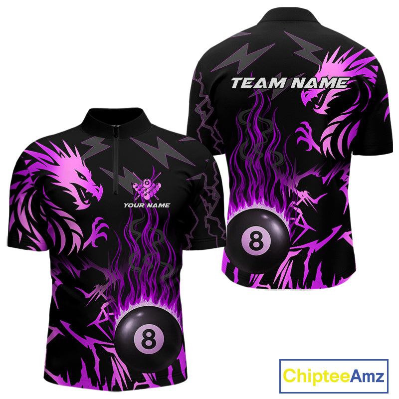 Black And Purple Flaming 8 Ball Pool Shirt For Men Custom Dragon Billiard Jersey Polo & 1/4 Zip TDM4813