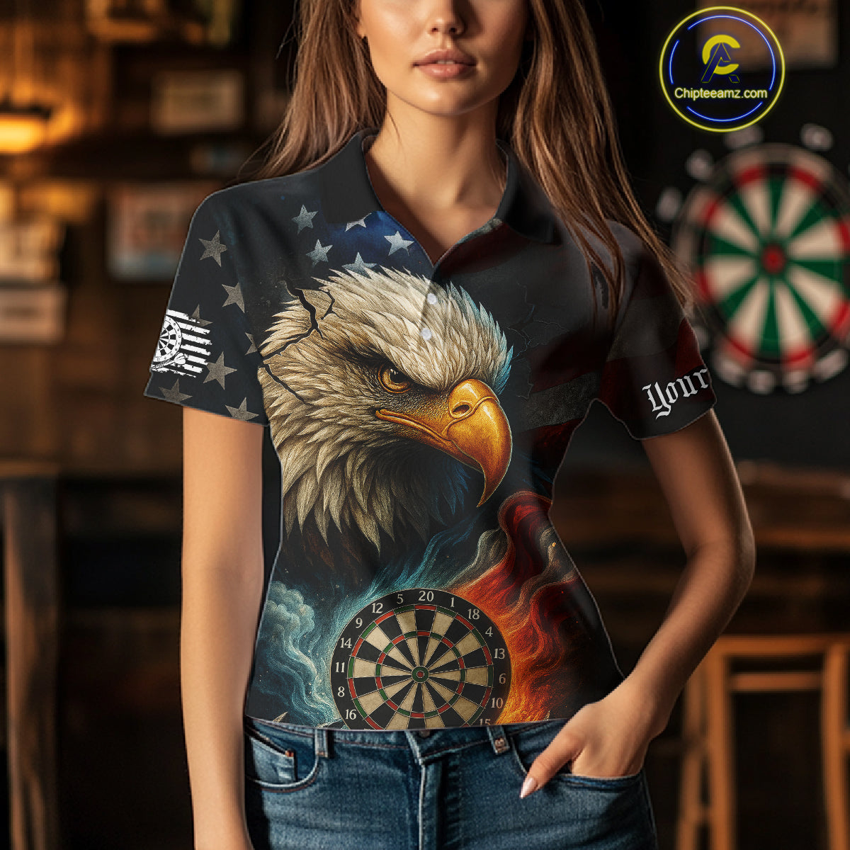 Personalized Eagle Flame Darts Shirt For Women Custom Patriotic American Flag Team Darts Jersey TDM4820