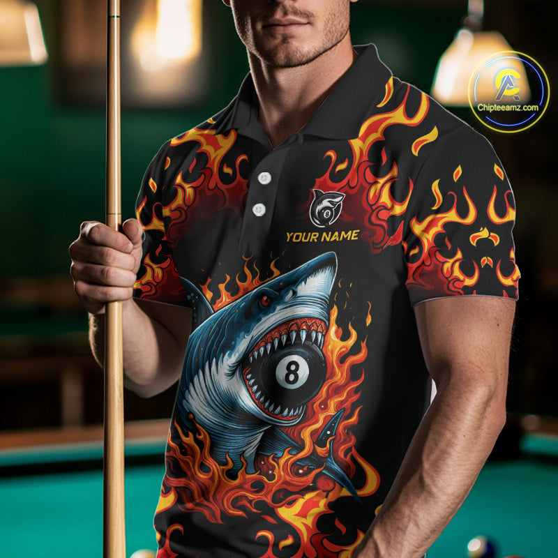 Customized Orange 8 Ball Pool Flame Shark Billiard Shirt For Men, Pool Team Jersey Polo & 1/4 Zip TDM4394