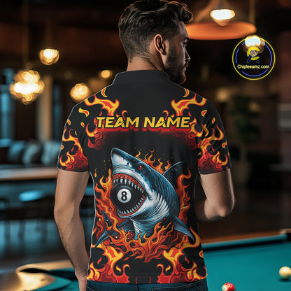 Customized Orange 8 Ball Pool Flame Shark Billiard Shirt For Men, Pool Team Jersey Polo & 1/4 Zip TDM4394