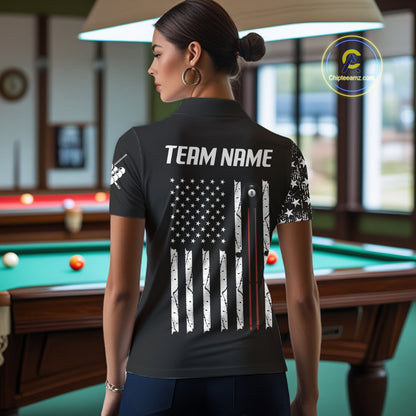 Personalized 8 Ball Skull Billiard Shirt For Women, American Flag Pool Team Jerseys Polo & 1/4 Zip TDM4629