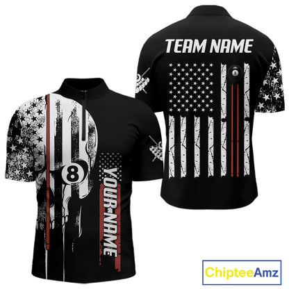 Personalized 8 Ball Skull Billiard Shirt For Men, American Flag Pool Team Jerseys Polo & 1/4 Zip TDM4629