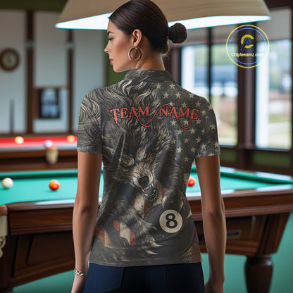 Personalized Vintage American Flag Wolf Billiard Shirt For Women, 8 Ball Pool Billiard Team Jerseys TDM4242