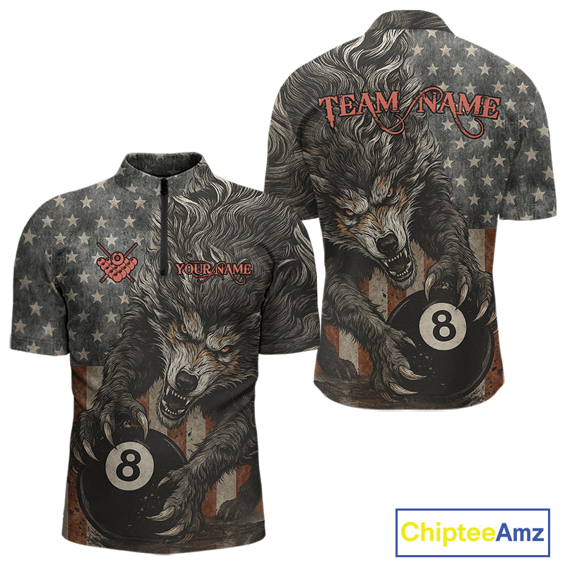 Personalized Vintage American Flag Wolf Billiard Shirt For Men, 8 Ball Pool Billiard Team Jerseys TDM4242