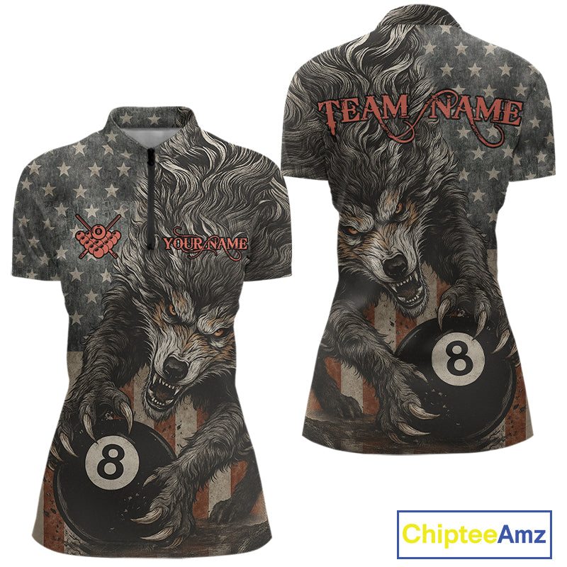 Personalized Vintage American Flag Wolf Billiard Shirt For Women, 8 Ball Pool Billiard Team Jerseys TDM4242