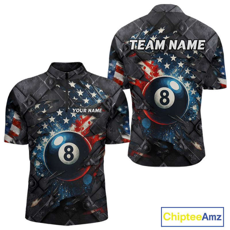 Personalized Grunge American Flag 8 Ball Billiard Shirt For Men Custom Patriotic Pool Team Jersey TDM4419