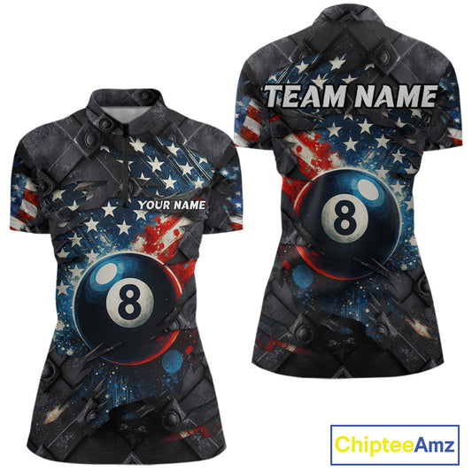 Personalized Grunge American Flag 8 Ball Billiard Shirt For Women Custom Patriotic Pool Team Jersey TDM4419