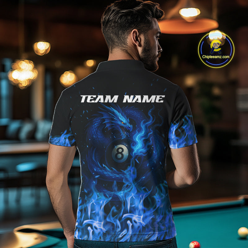 Personalized Blue Flaming Dragon Billiard Shirt For Men, 8 Ball Pool Billiard League Team Jerseys TDM4244