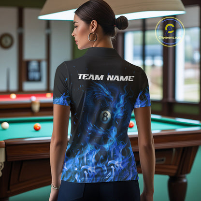 Personalized Blue Flaming Dragon Billiard Shirt For Women, 8 Ball Pool Billiard League Team Jerseys TDM4244