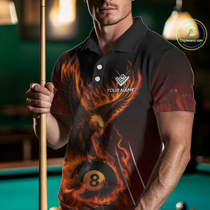 Customized Orange 8 Ball Fire Flame Eagle Billiard Shirt For Men, Pool Team Jersey Polo & 1/4 Zip TDM4427