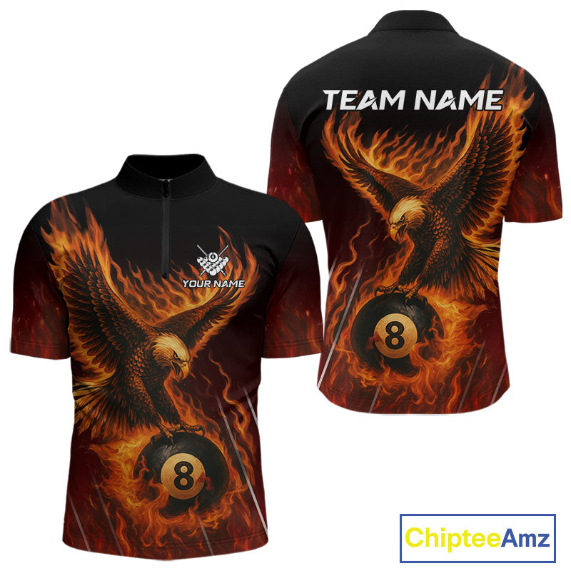 Customized Orange 8 Ball Fire Flame Eagle Billiard Shirt For Men, Pool Team Jersey Polo & 1/4 Zip TDM4427