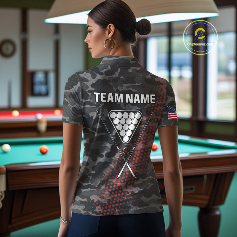 Personalized Red & Grey Camo Billiard Shirt For Women, 8 Ball Billiard Jersey Team Polo & 1/4 Zip TDM4431