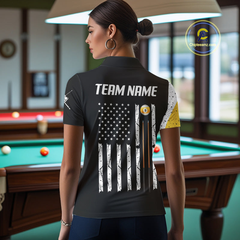 Personalized 9 Ball Skull Billiard Shirt For Women, American Flag Pool Team Jerseys TDM4257