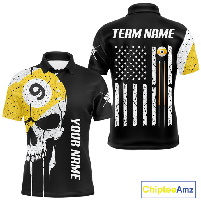 Personalized 9 Ball Skull Billiard Shirt For Men, American Flag Pool Team Jerseys TDM4257