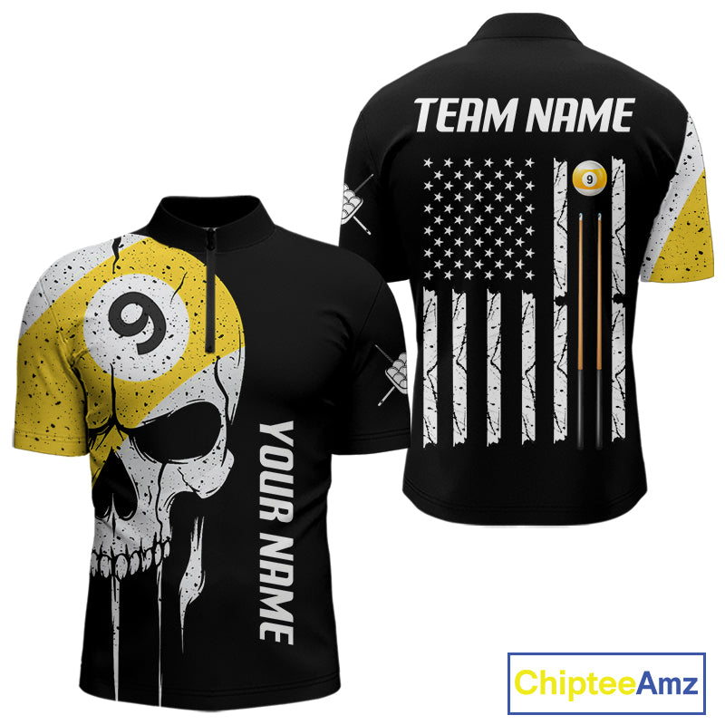 Personalized 9 Ball Skull Billiard Shirt For Men, American Flag Pool Team Jerseys TDM4257