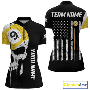 Personalized 9 Ball Skull Billiard Shirt For Women, American Flag Pool Team Jerseys Polo & 1/4 Zip TDM4257
