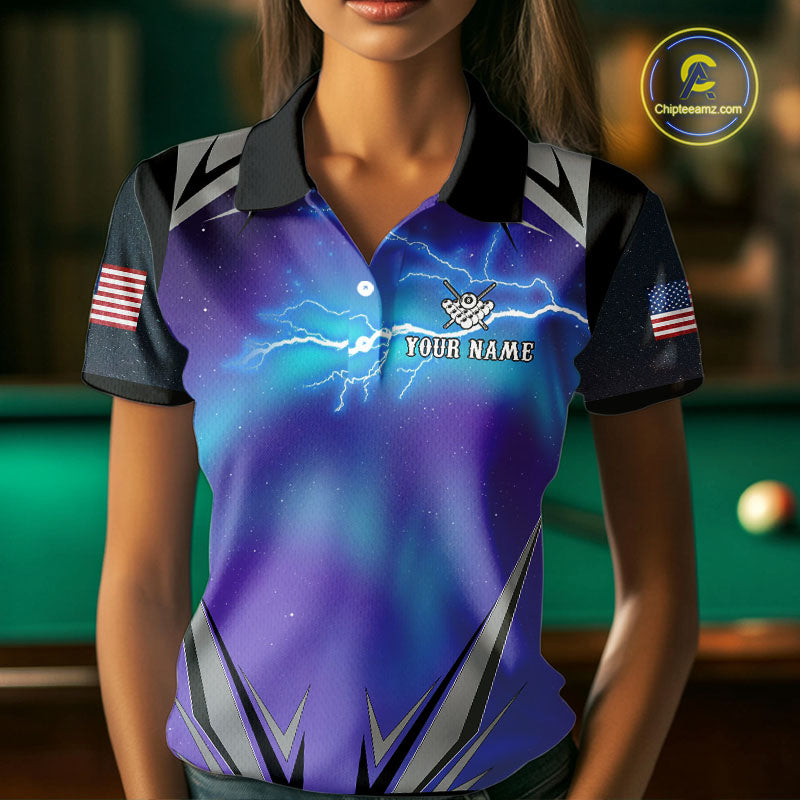 Personalized Blue Purple Galaxy Lightning Billiard Shirt For Women Custom Team League Pool Jersey TDM4261