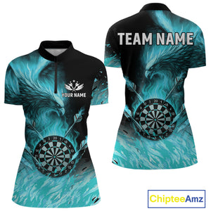 Turquoise Flaming Phoenix Darts Jerseys Custom Darts Shirt For Women, Darts Team Polo & Quarter Zip TDM4662