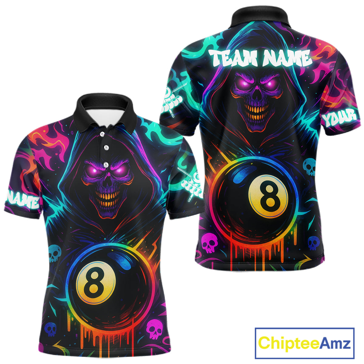 Colorful Neon Grim Reaper 8 Ball Pool Billiard Shirt For Men Custom Billiard Team Jersey TDM4668