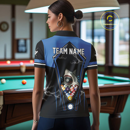 Black Blue Funny Pool And Shark Billiard Shirts For Women Custom 8 Ball Billiard Team Jerseys TDM4081