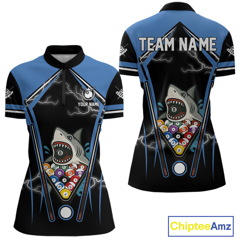 Black Blue Funny Pool And Shark Billiard Shirts For Women Custom 8 Ball Billiard Team Jerseys TDM4081