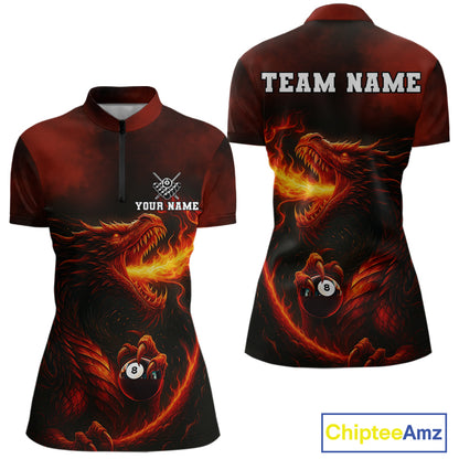 Personalized Flame Dragon 8 Ball Billiard Shirt For Women Custom Red Pool Team Jersey Polo, 1/4 Zip TDM4445