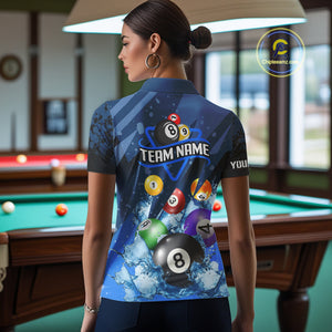 Blue Billiard Jerseys For Women Custom 3D Pool Balls Billiard Shirts Team Polo & Quarter Zip TDM4087