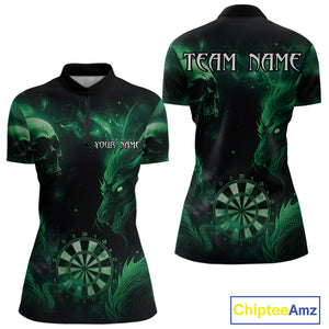 Black Green Custom Dragon Darts Shirt For Women, Darts Jersey Pocket Option TDM4448