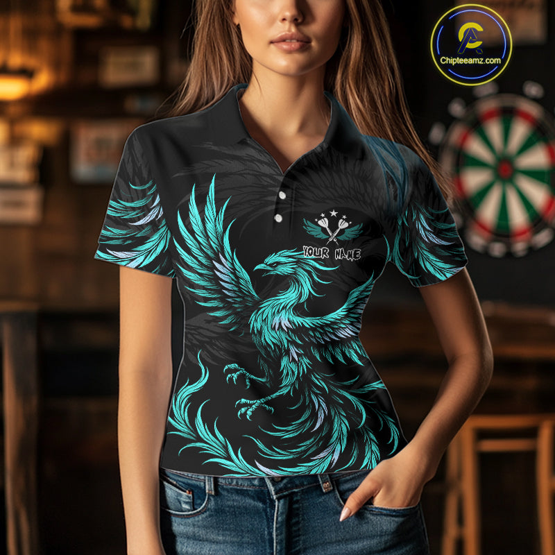 Personalized Phoenix Dartboard Wings Women's Dart Shirts Custom Black & Turquoise Darts Team Jerseys TDM4273