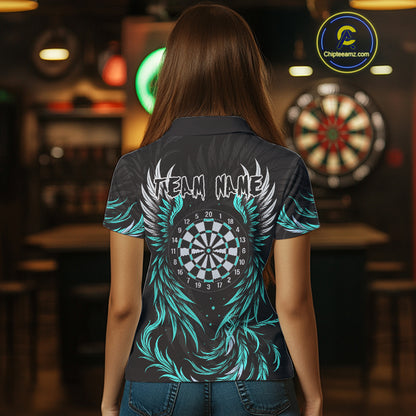 Personalized Phoenix Dartboard Wings Women's Dart Shirts Custom Black & Turquoise Darts Team Jerseys TDM4273