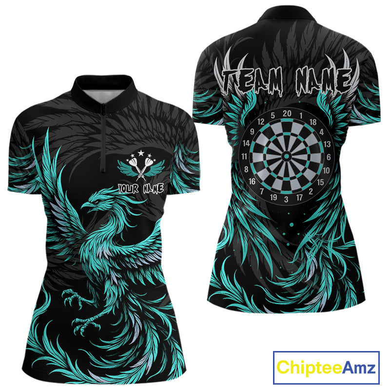 Personalized Phoenix Dartboard Wings Women's Dart Shirts Custom Black & Turquoise Darts Team Jerseys TDM4273
