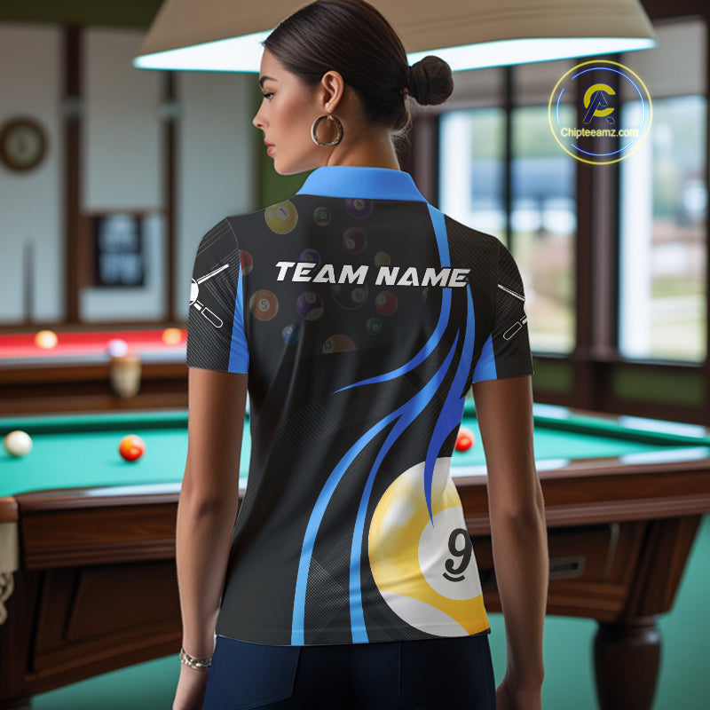 Personalized Billiard 8 Ball & 9 Ball Pool Shirt For Women, Billiard Jersey Team Polo & 1/4 Zip|Blue TDM4456