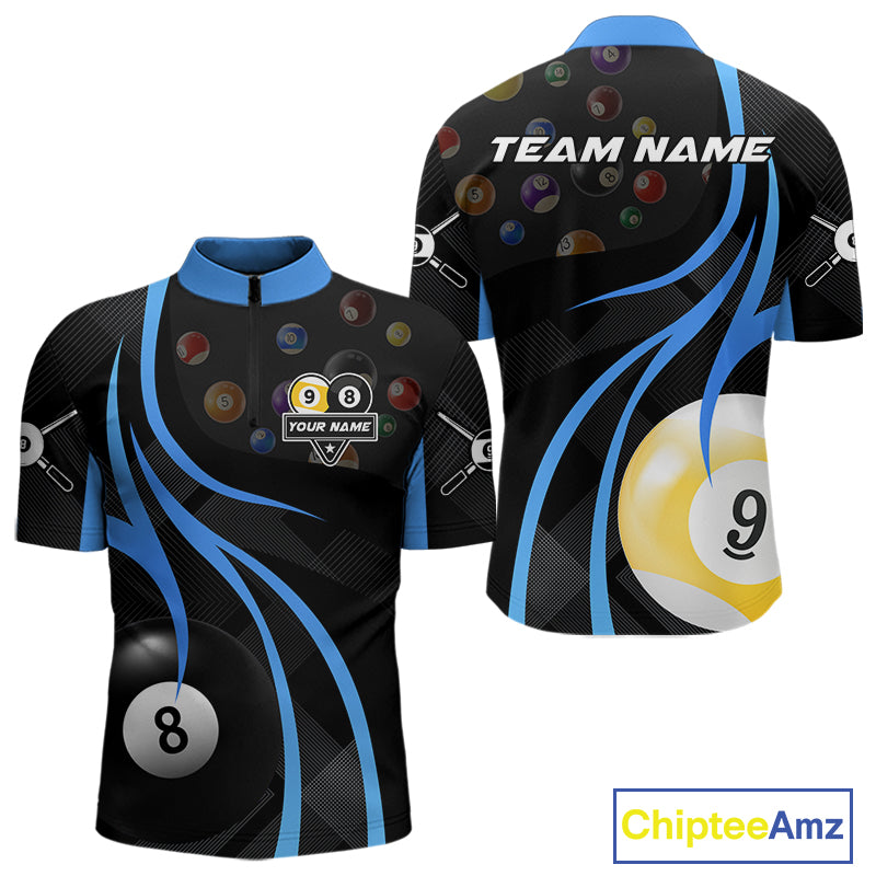 Personalized Billiard 8 Ball & 9 Ball Pool Shirt For Men, Billiard Jersey Team Polo & 1/4 Zip|Blue TDM4456