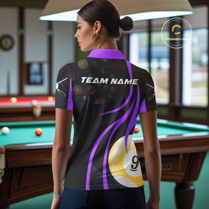 Customized Billiard 8 Ball & 9 Ball Pool Shirt For Women, Billiard Team Jersey Polo & 1/4 Zip|Purple TDM4458