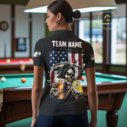 Funny Beer Grim Reaper 9 Ball Pool Billiard Shirt For Women Custom US Flag Billiard Team Jerseys TDM4279