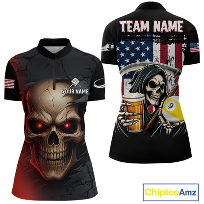 Funny Beer Grim Reaper 9 Ball Pool Billiard Shirt For Women Custom US Flag Billiard Team Jerseys TDM4279