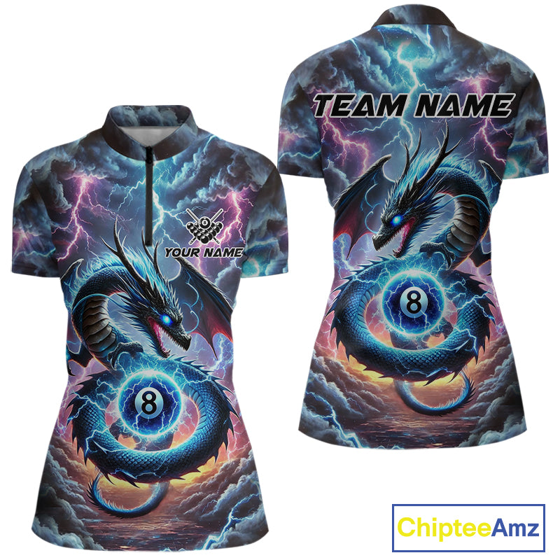 Personalized Blue Purple Thunder Lightning Dragon Billiard Shirt For Women, 8 Ball Pool Team Jersey TDM4483