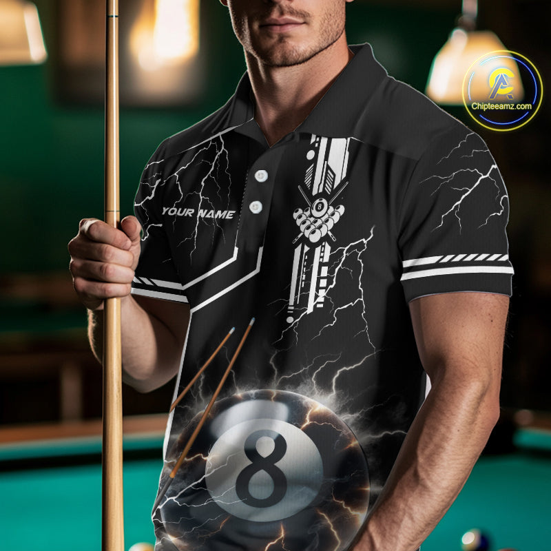 Personalized Thunder Lighting 8 Ball Shirt For Men, White Black Billiard Team Shirts, Pool Jerseys TDM4110