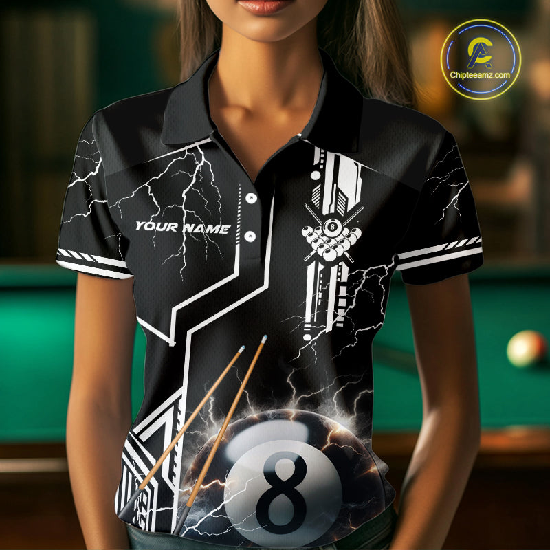 Personalized Thunder Lighting 8 Ball Shirt For Women, White Black Billiard Team Shirts, Pool Jerseys TDM4110