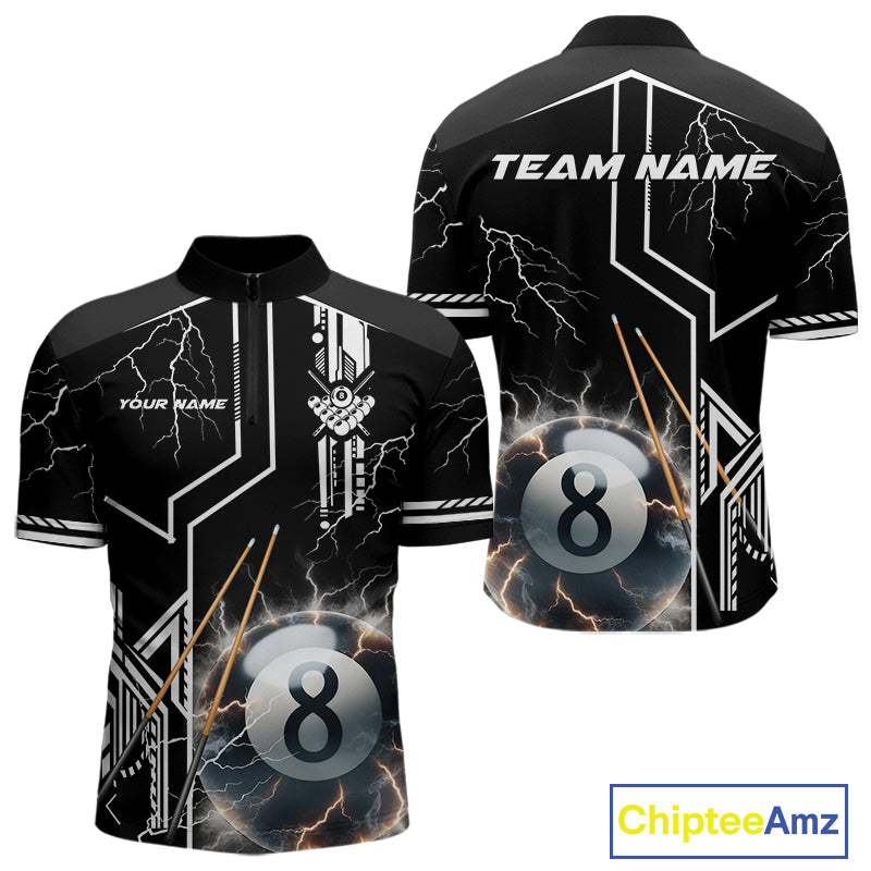 Personalized Thunder Lighting 8 Ball Shirt For Men, White Black Billiard Team Shirts, Pool Jerseys TDM4110