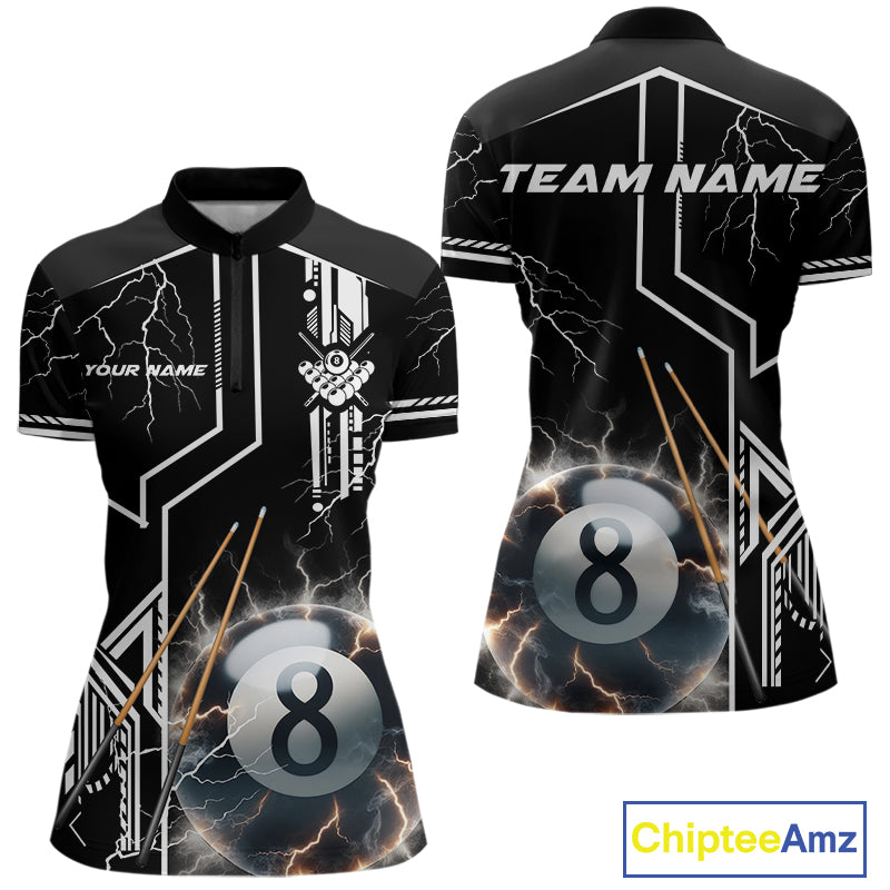 Personalized Thunder Lighting 8 Ball Shirt For Women, White Black Billiard Team Shirts, Pool Jerseys TDM4110