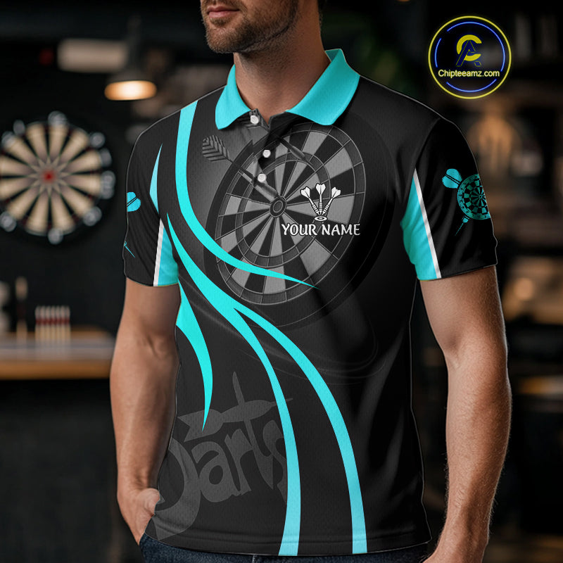 Black And Cyan Darts Jersey For Men Custom Team Polo & Quarter Zip Darts Shirt Uniform TDM4489